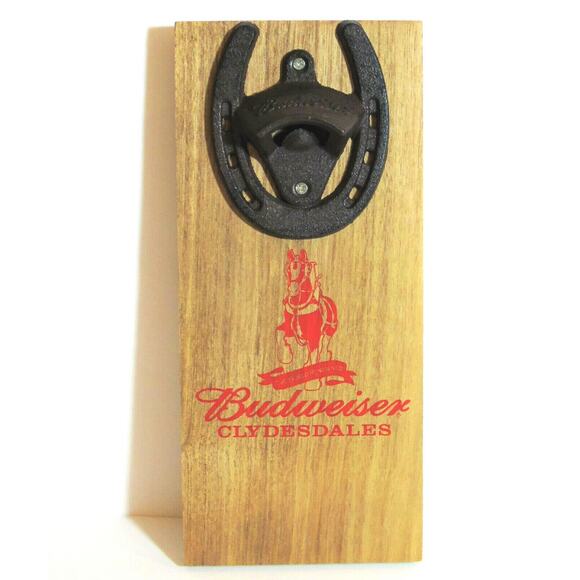Iron BEER BOTTLE OPENER Budweiser Clydesdales Horse Shoe On Wood Wall Plaque 11" - Picture 1 of 6